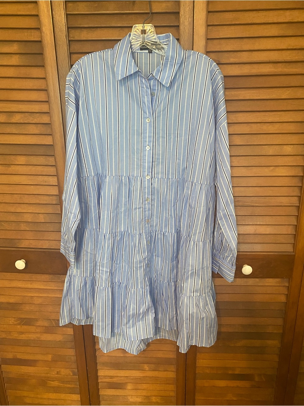 Pomander Place Cara Tiered Blue Striped Shirt Dress Size Small